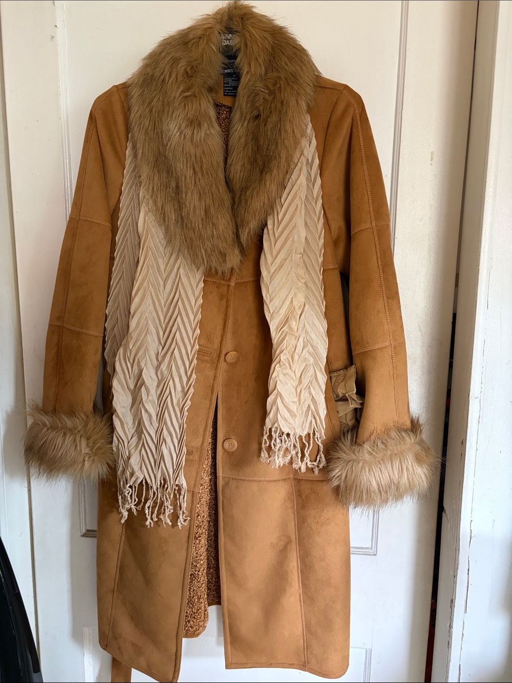 Dennis Basso Faux Fur Trim Suede Long Coat in Tan